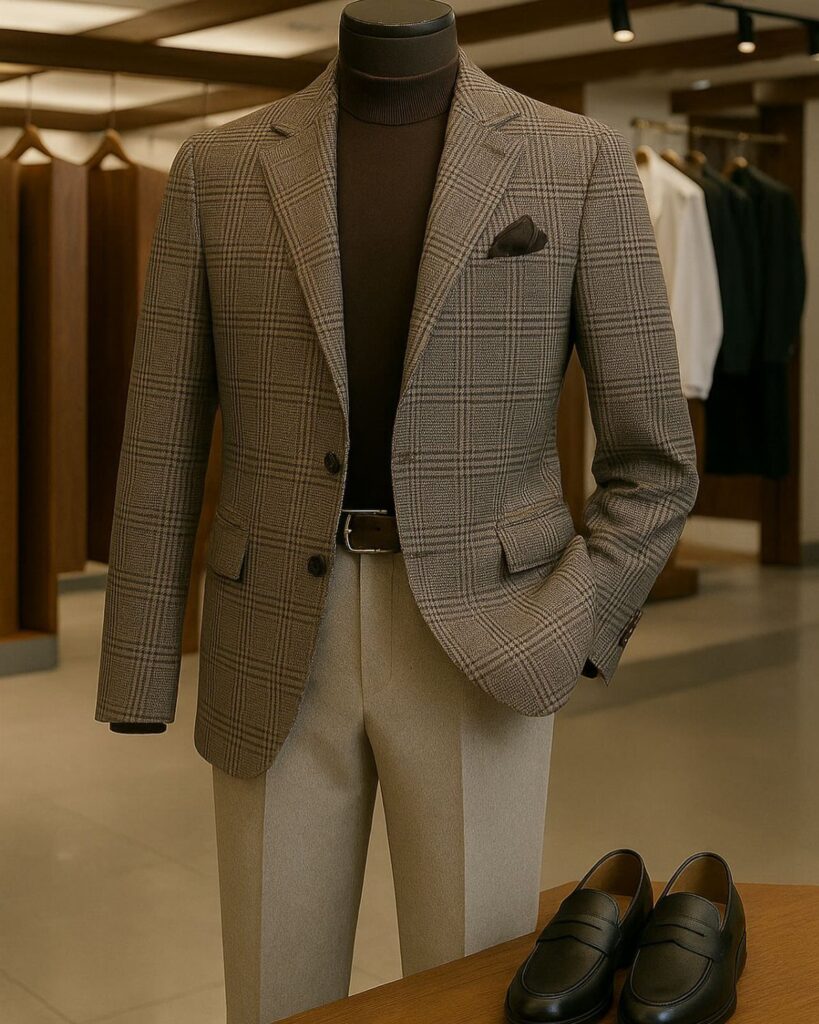 Mannequin wearing a brown plaid blazer and beige wool trousers with black loafers.