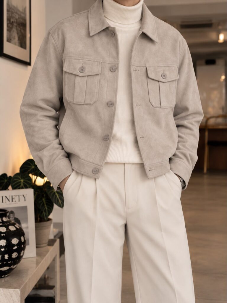 Beige suede jacket worn with a white turtleneck and white pleated trousers.