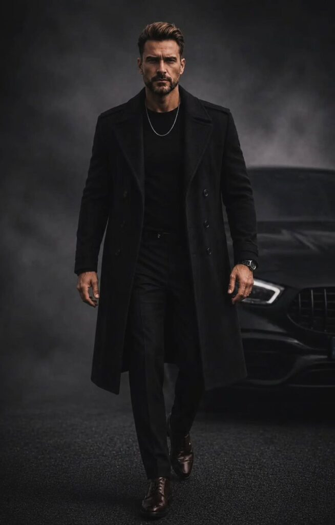 Man in a long black coat and trousers standing before a dark car