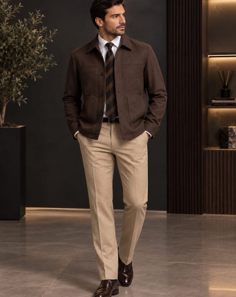 Man in brown collared jacket, white shirt, tie, and beige chinos standing indoors.