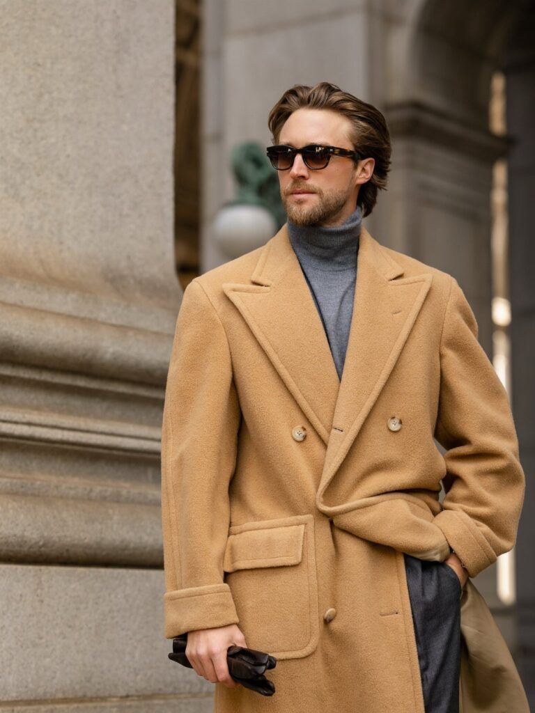 Man in a camel coat, grey turtleneck, and sunglasses standing by stone pillars.
