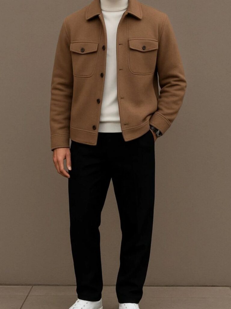 Man wearing a tan jacket, white turtleneck, and black trousers for fall style.