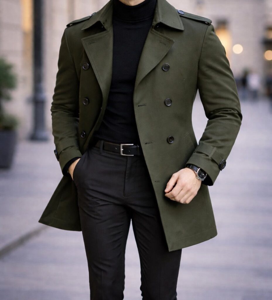 Man wearing an olive green trench coat with a black turtleneck and trousers.