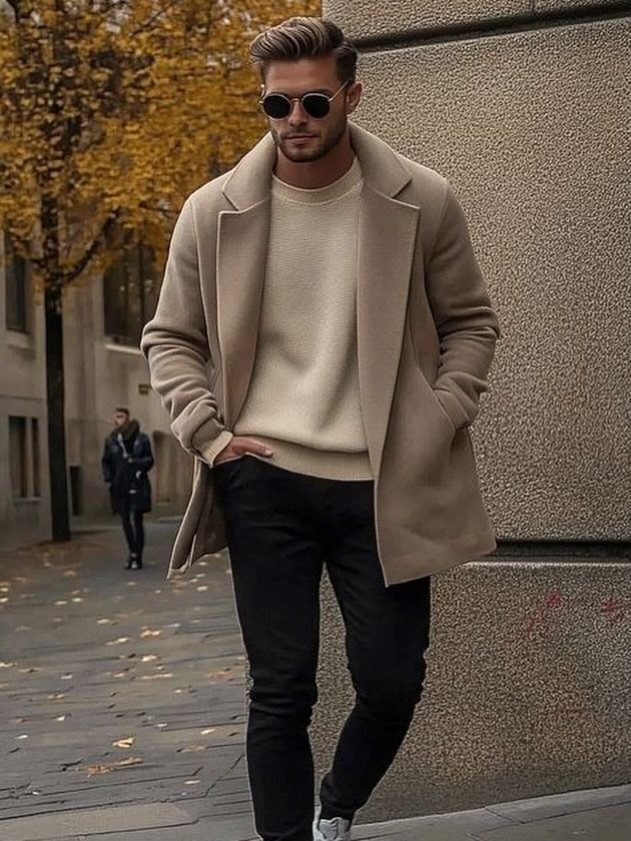 Man in a beige wool overcoat and matching sweater standing on a city street.