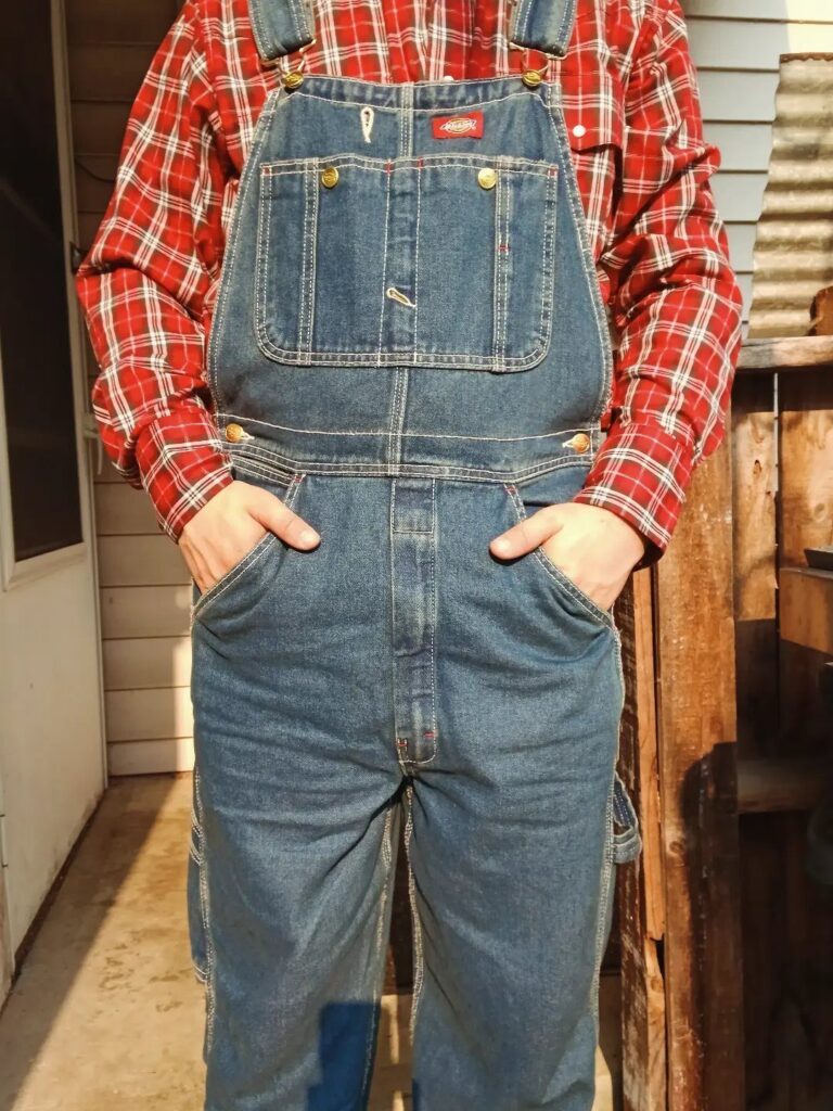 Person wearing blue denim overalls and a red plaid shirt standing outdoors.