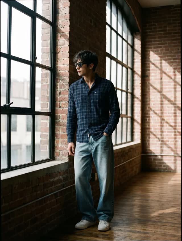 Man wearing a blue plaid shirt and wide leg jeans in a brick room