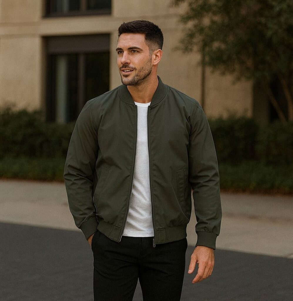 Man wearing an olive green bomber jacket, white t-shirt, and black trousers outdoors.