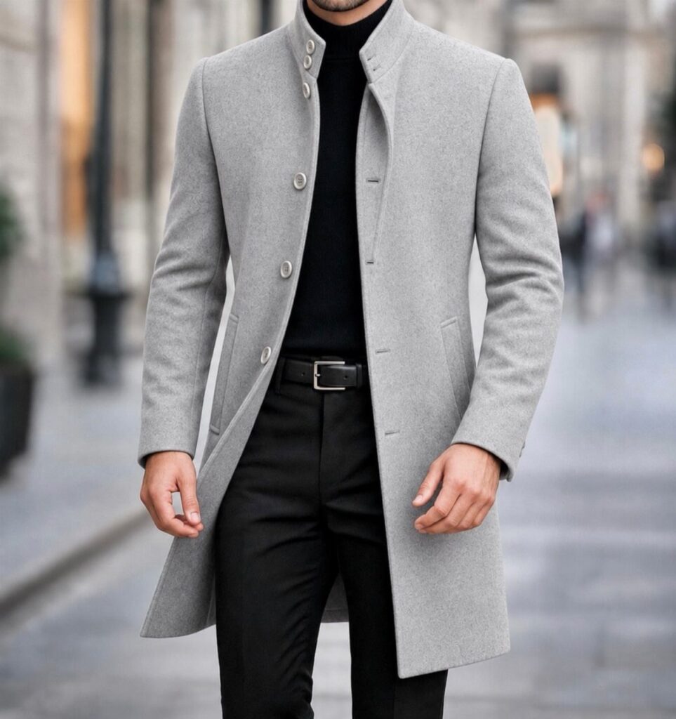 Man wearing a light grey wool coat, black turtleneck, and black trousers.