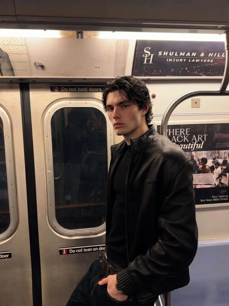 Young man wearing a black leather jacket posing inside a subway train car.