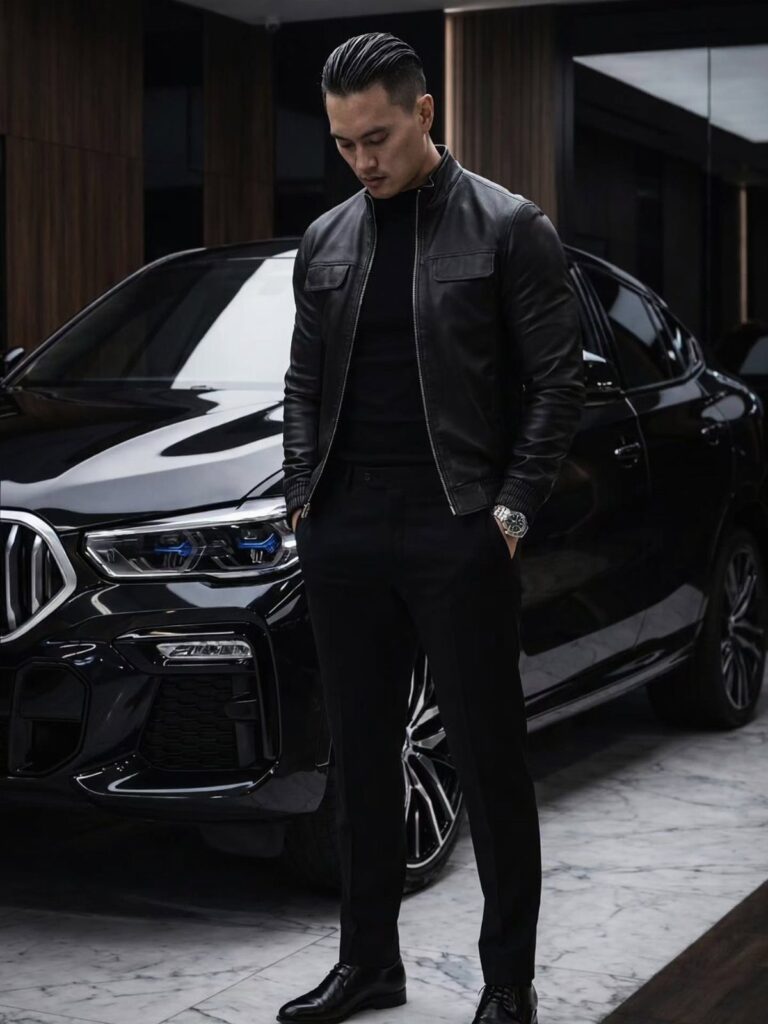 Man in black leather jacket and all-black outfit posing by a black car.