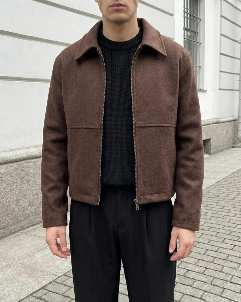 Man wearing a light brown jacket over a black ribbed sweater and trousers.