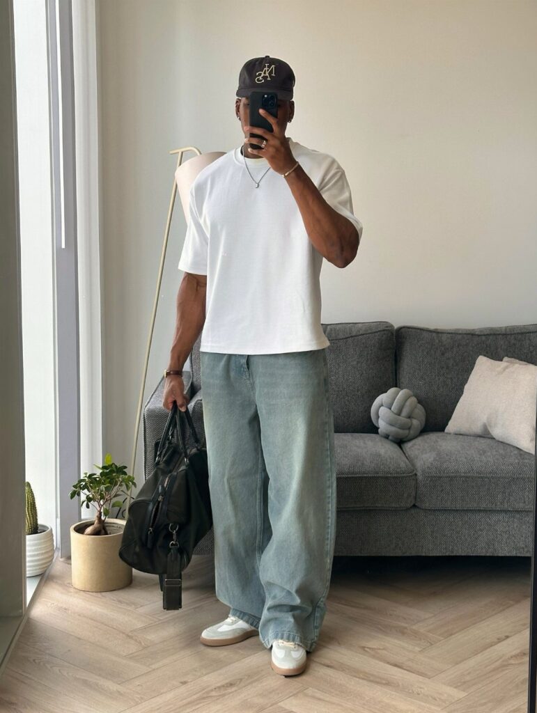 Man in white t-shirt and wide-leg jeans posing for a mirror selfie indoors.