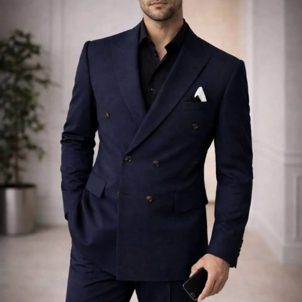 Man wearing a navy blue double-breasted suit with a black shirt and white pocket square.