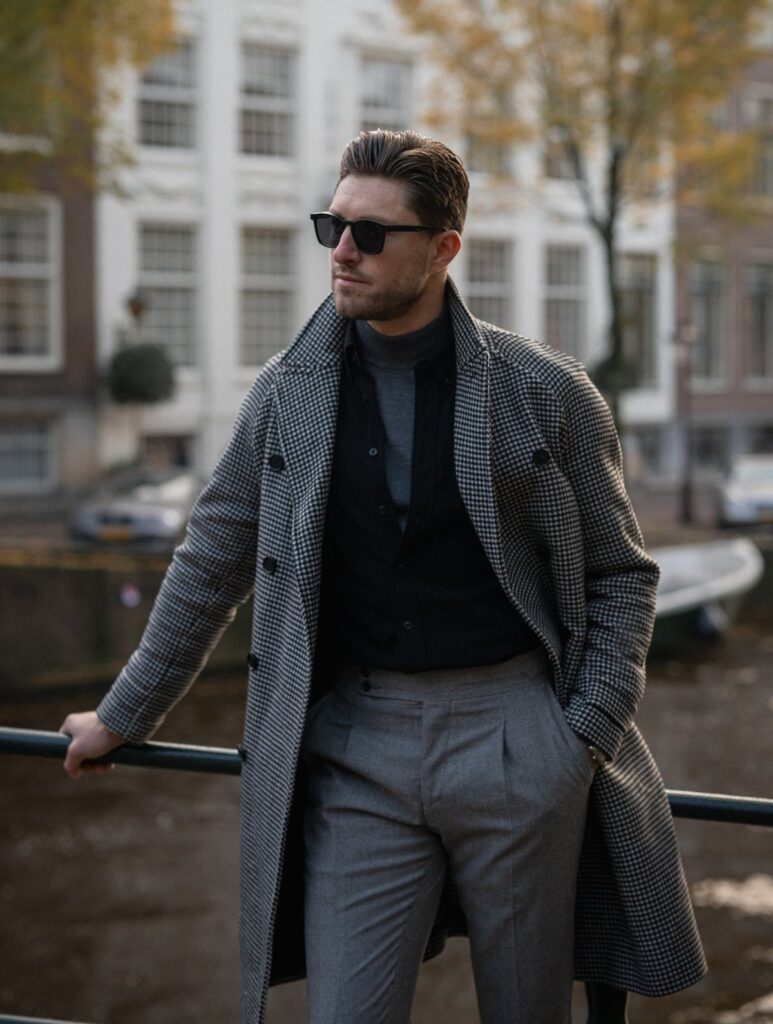 Man in a patterned grey peacoat, turtleneck, and trousers standing by a railing.