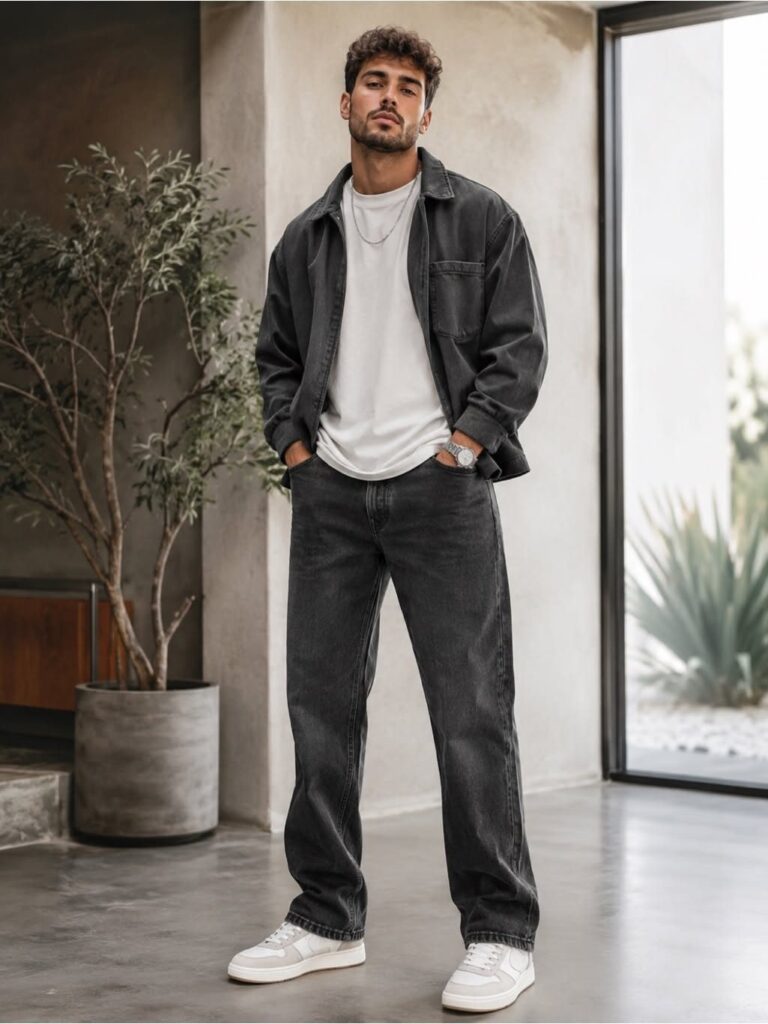 Man wearing a dark denim jacket, white t-shirt, and black jeans with white sneakers.