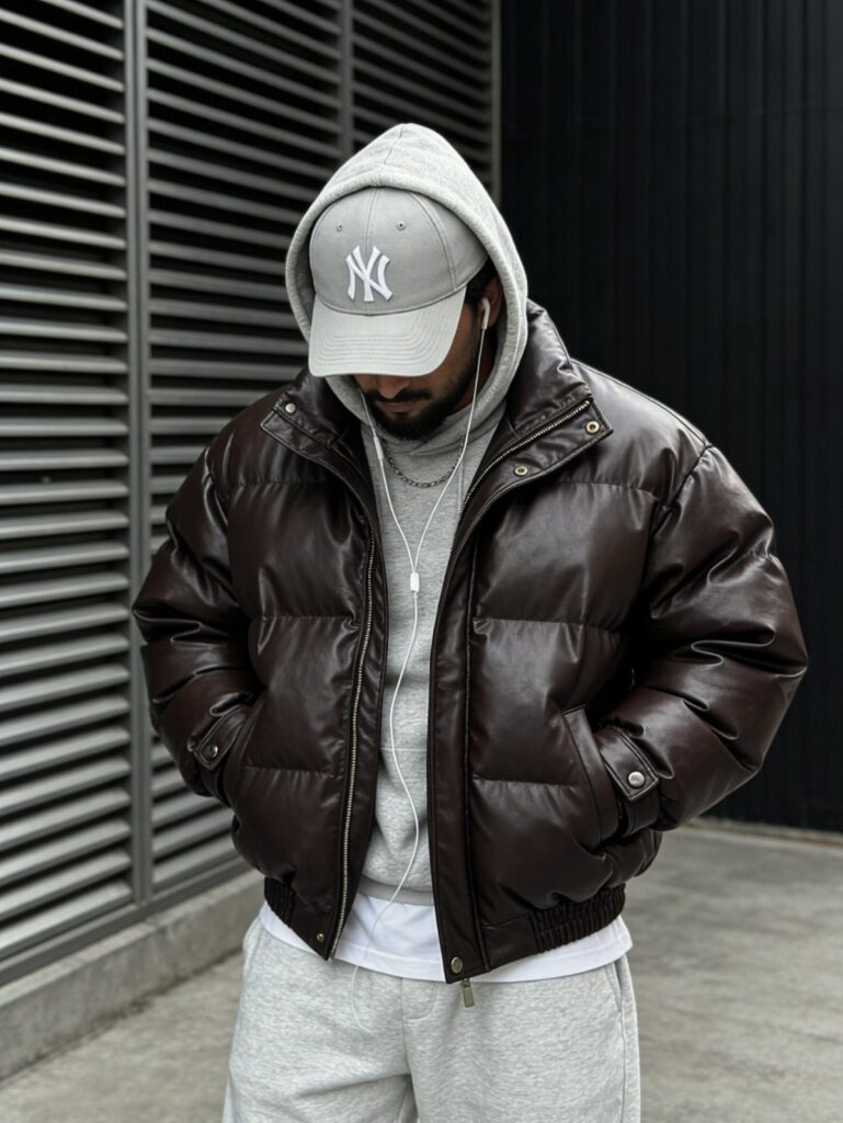Man wearing a brown puffer jacket, grey hoodie, and white baseball cap.