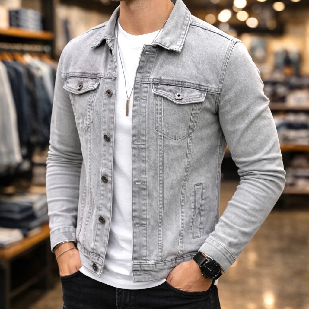 Man wearing a light grey denim jacket over a white t-shirt and black jeans.