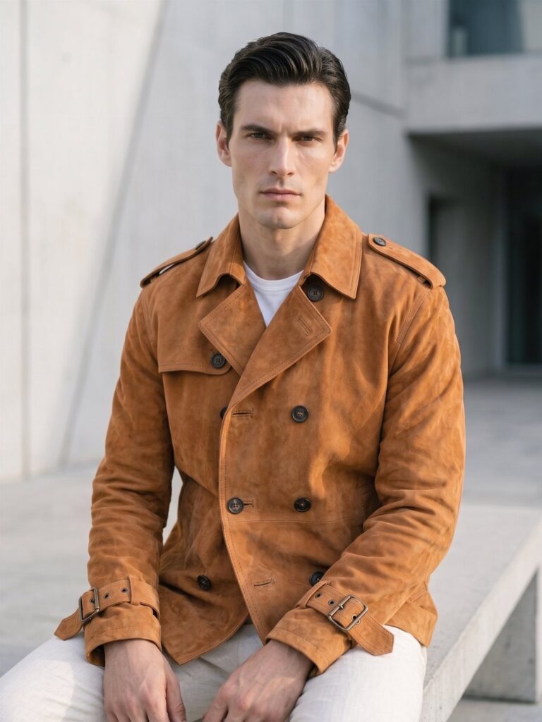 Man wearing a tan suede double-breasted trench coat sitting against concrete walls.