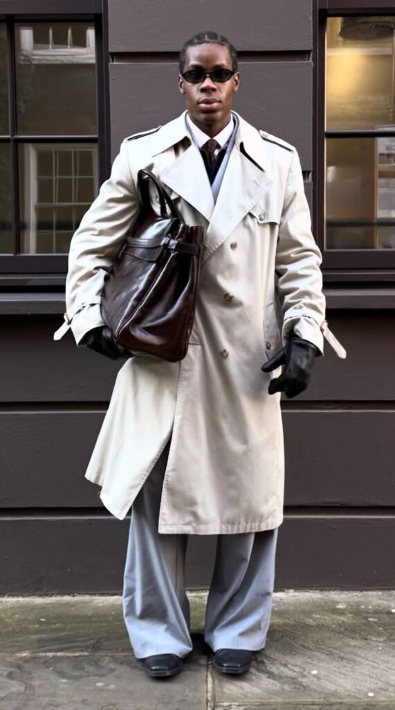 Man in beige trench coat and blue trousers holding a brown leather bag.